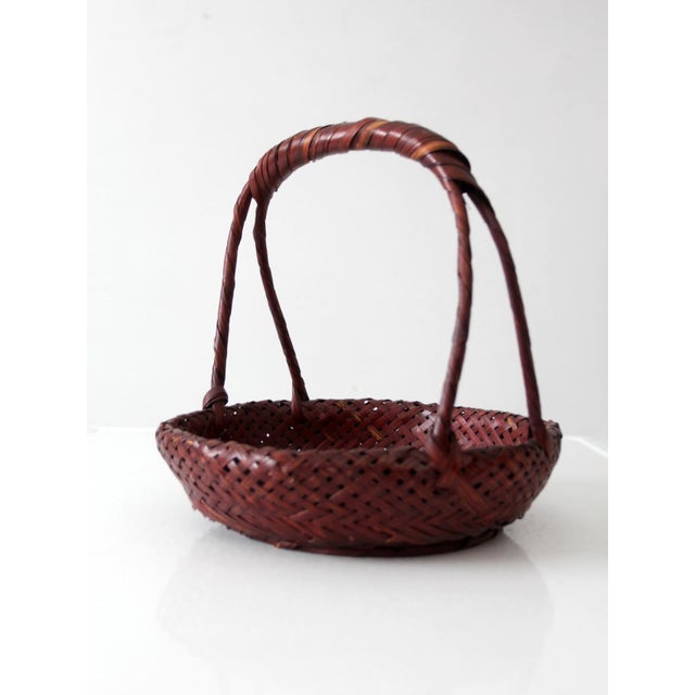 Wood Vintage Hand-Woven Bamboo Basket With Wrapped Handle For Sale - Image 7 of 12