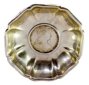 Silver Bowl with Flower-Shaped Cutouts and Central Coin