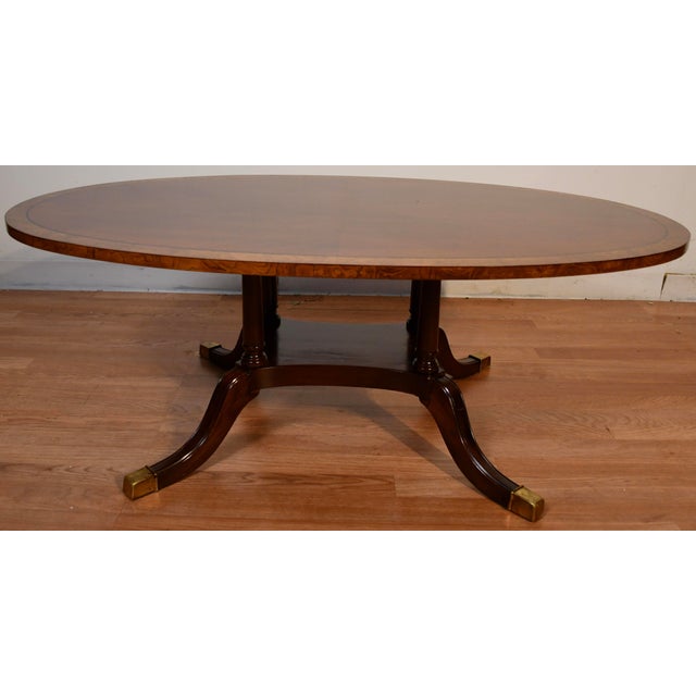 1940s English Regency Style Walnut Banded Satinwood Oval Top Coffee Table For Sale - Image 9 of 14