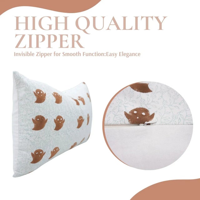 Not Yet Made - Made To Order Fabdivine Block Print Cushion Cover Handmade Cotton Halloween Décor, Boho Festive Style Size-20x20- Ghost For Sale - Image 5 of 5