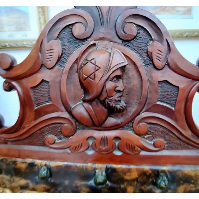Black Antique Spanish Castilian Renaissance Revival Armchair in Hand-Carved Wood with Leather Upholstery, 1800s For Sale - Image 8 of 9