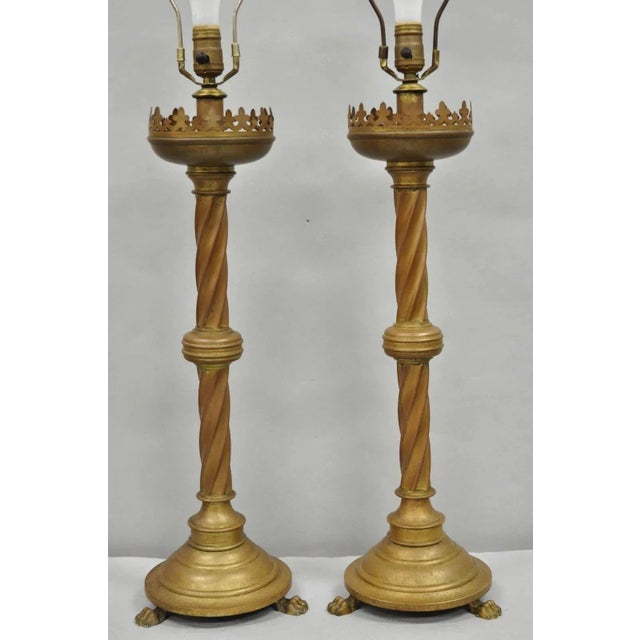 Gothic Antique English Renaissance Gothic Patinated Brass Candlestick Table Lamps Pair For Sale - Image 3 of 12