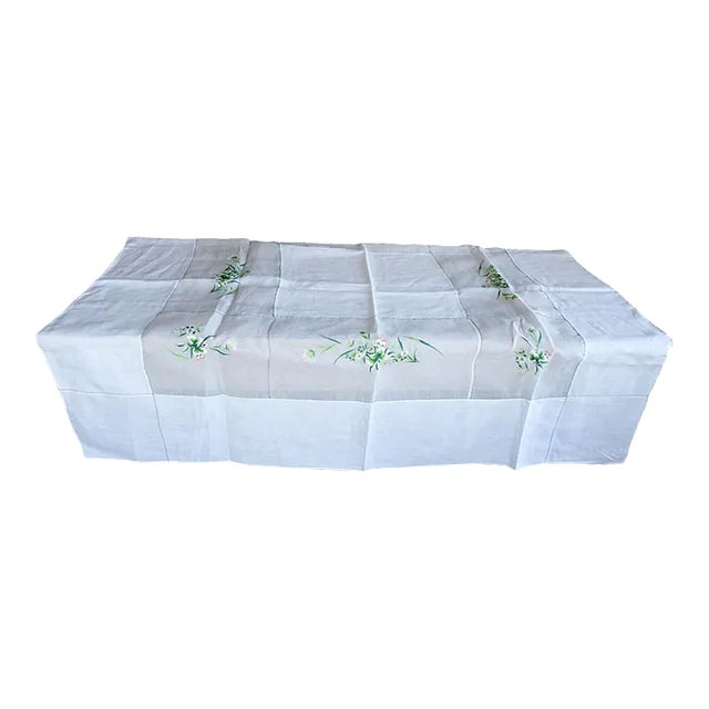 Vintage Hand Embroidered Linen Organza Luncheon Tablecloth and Napkins For Sale