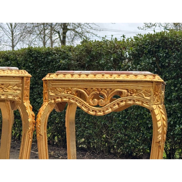 1970 French Louis XVI Gold Beech Pink Marble Tables - Pair For Sale - Image 4 of 17
