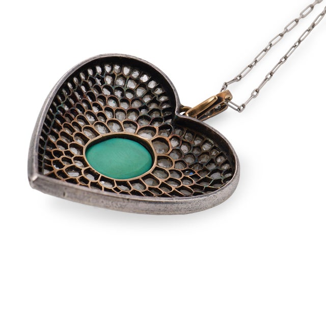 Late 19th Century Victorian Turquoise Diamond Silver Heart Pendant Necklace For Sale In Los Angeles - Image 6 of 6