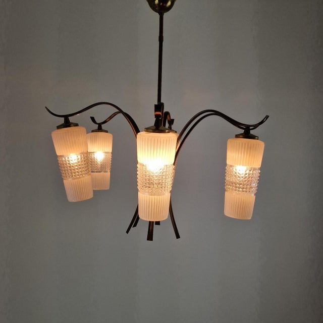 Mid-Century Italian Brass Chandelier with Murano Style Glass Shades, 1960s For Sale - Image 4 of 12