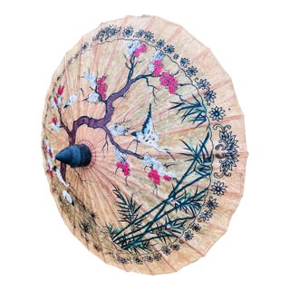 Vintage Asian Rice Paper Parasol Umbrella Hand Painted Floral Bamboo Antique Art For Sale