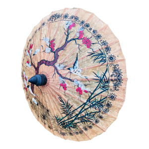 Vintage Asian Rice Paper Parasol Umbrella Hand Painted Floral Bamboo Antique Art