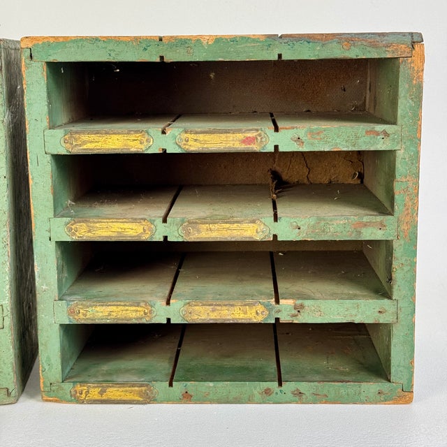 Mid 20th Century Vintage Pair of Salvaged Workshop Slotted Wood Shelving Units in Green Paint & Brass Labels For Sale - Image 5 of 8