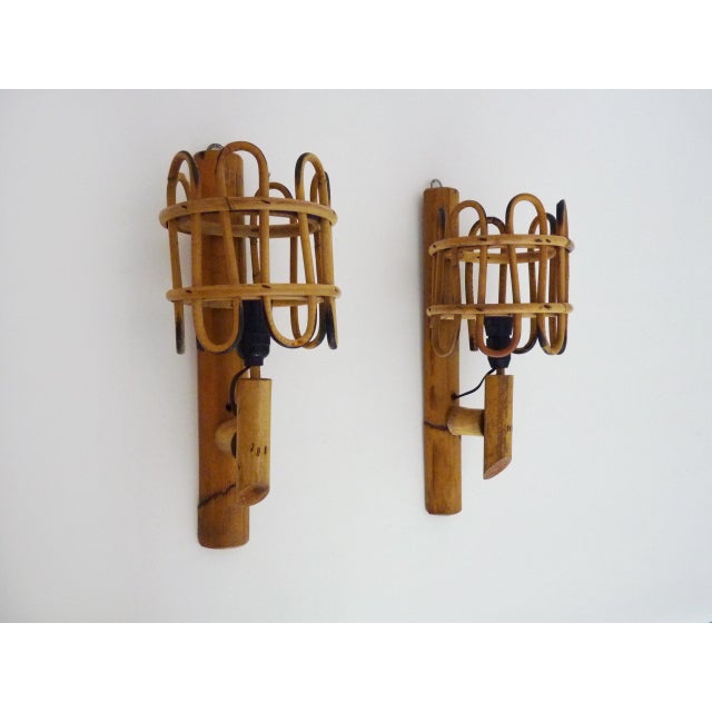 Rattan Bamboo Lantern Wall Lights, 1960s, Set of 2 For Sale - Image 4 of 10