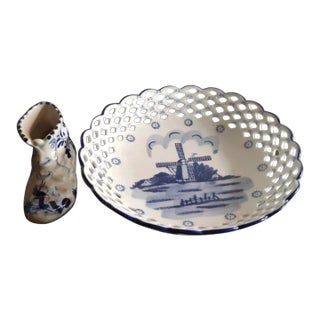 1980s Delfts Holland Reticular Decorative Bowl and Toothpick Holder - 2 Pieces For Sale