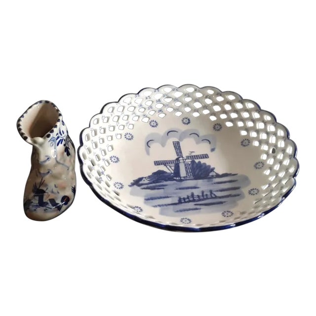 1980s Delfts Holland Reticular Decorative Bowl and Toothpick Holder - 2 Pieces For Sale