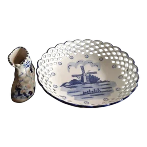1980s Delfts Holland Reticular Decorative Bowl and Toothpick Holder - 2 Pieces