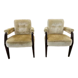 Pair 1930s Art Deco Mahogany & Cane-Cut Velvet Fauteuils by Jean Pascaud (French 1903-1996)