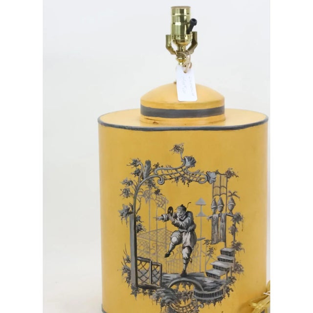 Late 20th Century A Pair of Vintage English Chinoiserie Hand-Painted Yellow Tea Canister Table Lamps For Sale - Image 5 of 8