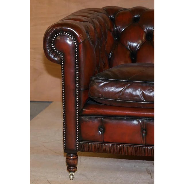 Vintage Oxblood Bordeaux Leather Chesterfield Club Sofa on Turned Legs For Sale - Image 9 of 18