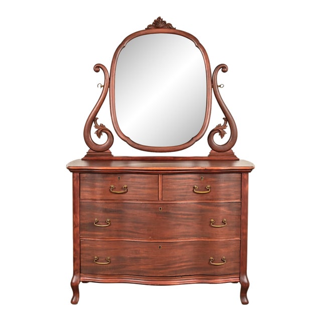 Early Widdicomb Antique Victorian Carved Mahogany Serpentine Front Dresser With Mirror, Circa 1890s For Sale