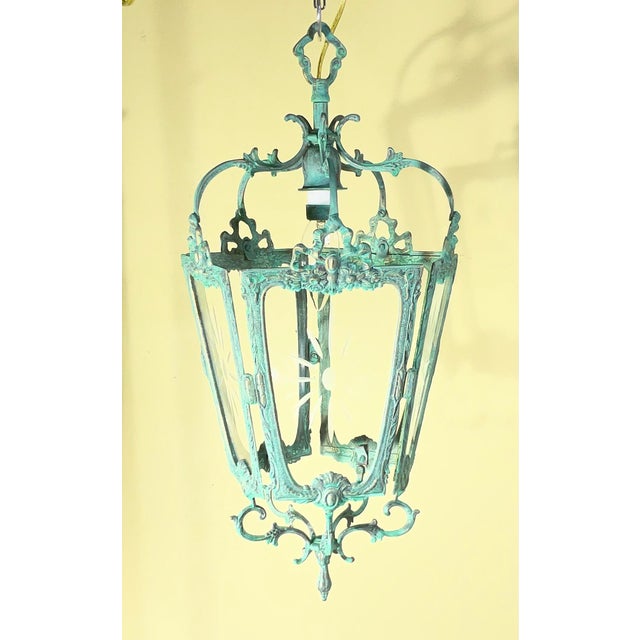 Antique Style Solid Brass Hanging Hallway Lantern W/ Etched Starburst Glass For Sale - Image 10 of 16