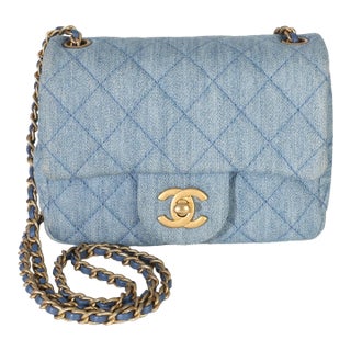 Blue Quilted Denim Mini Pearl Crush Flap Bag For Sale