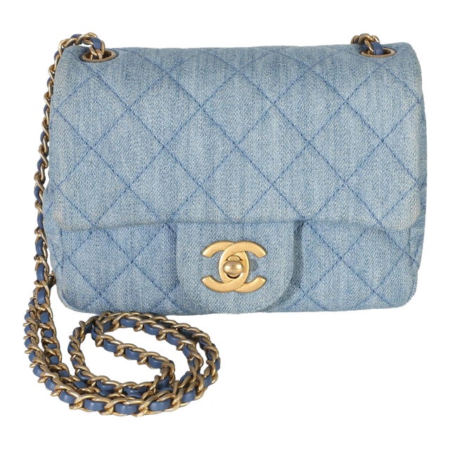 Blue Quilted Denim Mini Pearl Crush Flap Bag For Sale