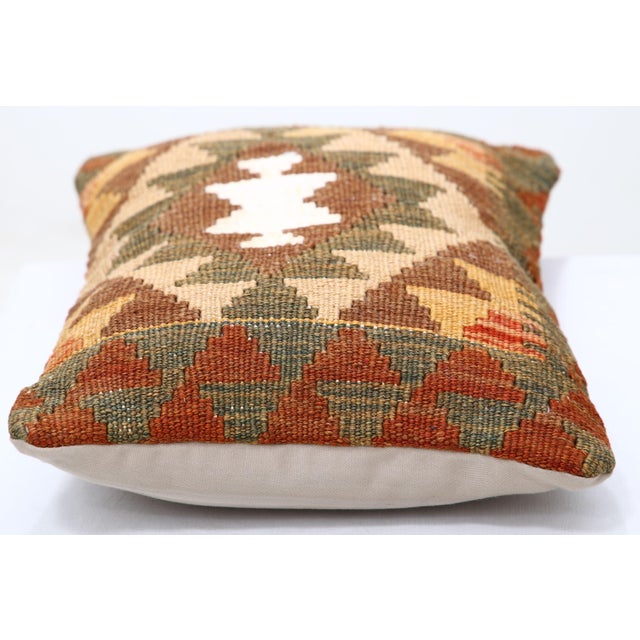 Tribal Arteverk Handwoven Afghan Kilim Lumbar Pillow — Brown & Green Diamonds For Sale - Image 3 of 3