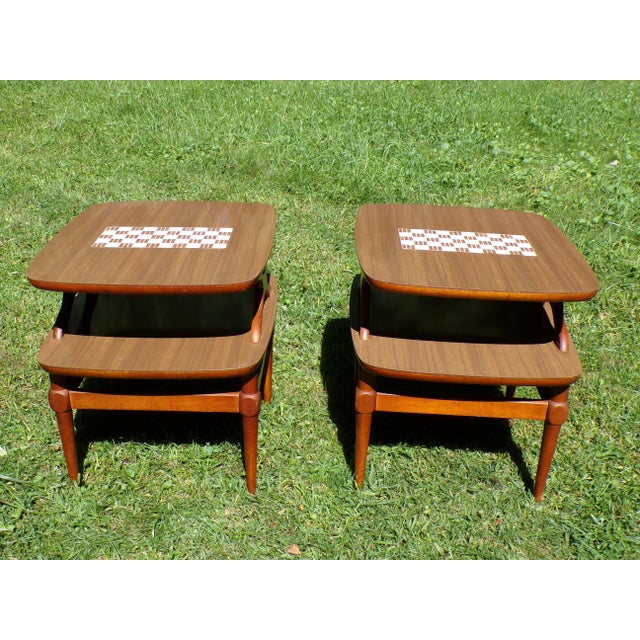 Vintage Pair Reiss Mid Century Modern 2 Tier Tile Top Walnut Side Tables For Sale - Image 14 of 17
