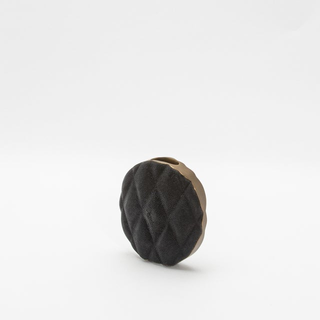 2020s Modern Quilted Vase in Black Shagreen With Brass Details by Kifu Paris For Sale - Image 5 of 7