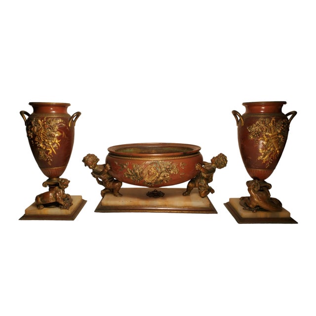 French Late 19th Century Louis XVI Bronze and Ormolu and Onyx 3 Piece Centerpiece With Urns For Sale - Image 12 of 12