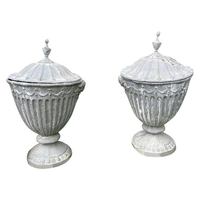 19th Century English Classical Lead Garden Urns with Covers Grey - A Pair For Sale - Image 15 of 18