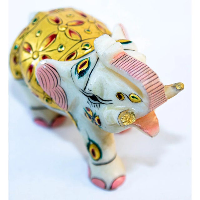Vintage White Marble Mughal Jeweled Elephant Sculpture Paper Weight For Sale - Image 10 of 12