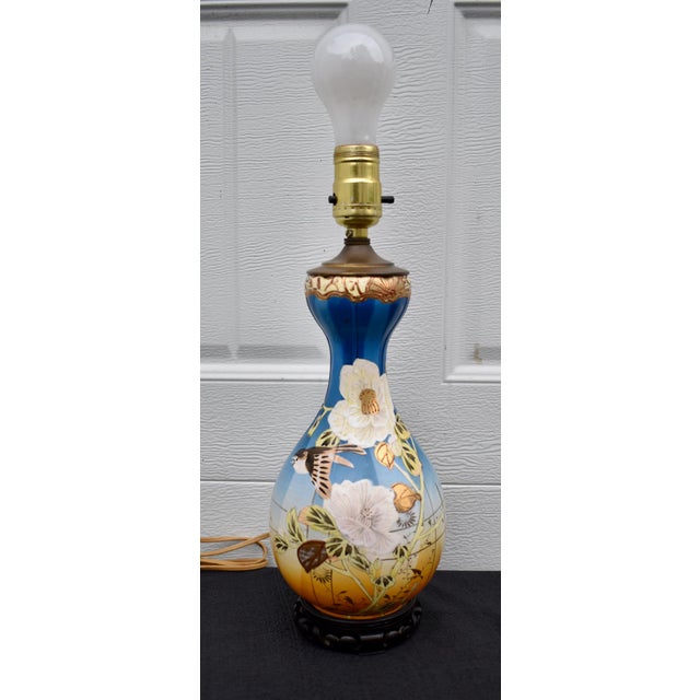 1940s Antique Japanese Satsuma Vase Lamp Meiji Painted Porcelain Gold Bird Flower For Sale - Image 5 of 17
