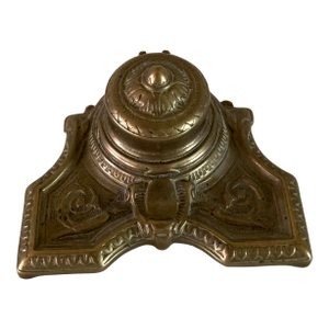 Victorian Ink Well Pen Rest England Solid Brass Décor With Porcelain Well