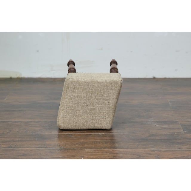 Wood 19th Century English Petite Oak Stool with Unique Top and Linen Upholstery For Sale - Image 7 of 9