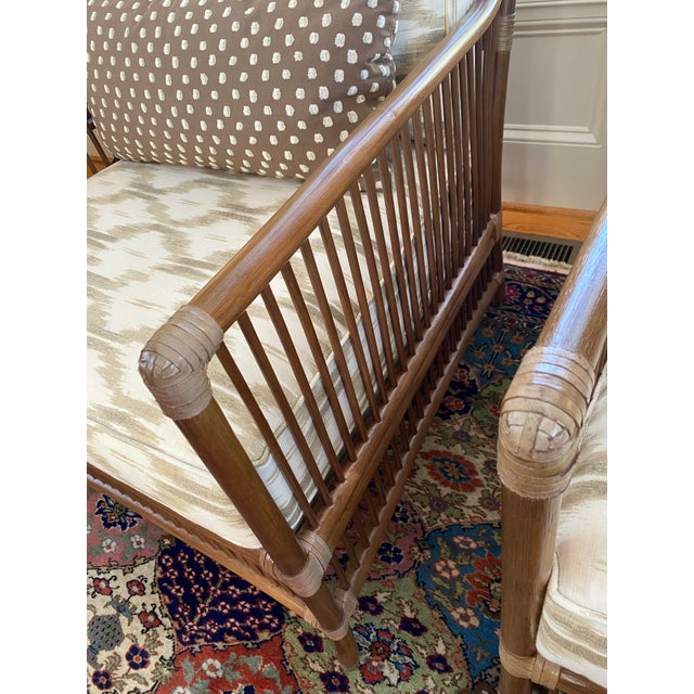 Sienna Pencil Rattan Chairs Schumacher Santa Monica Ikat Fabric For Sale - Image 8 of 13