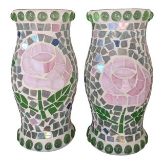 Vintage Mosaic Glass Rose Flower Glass Hurricanes- A Pair For Sale