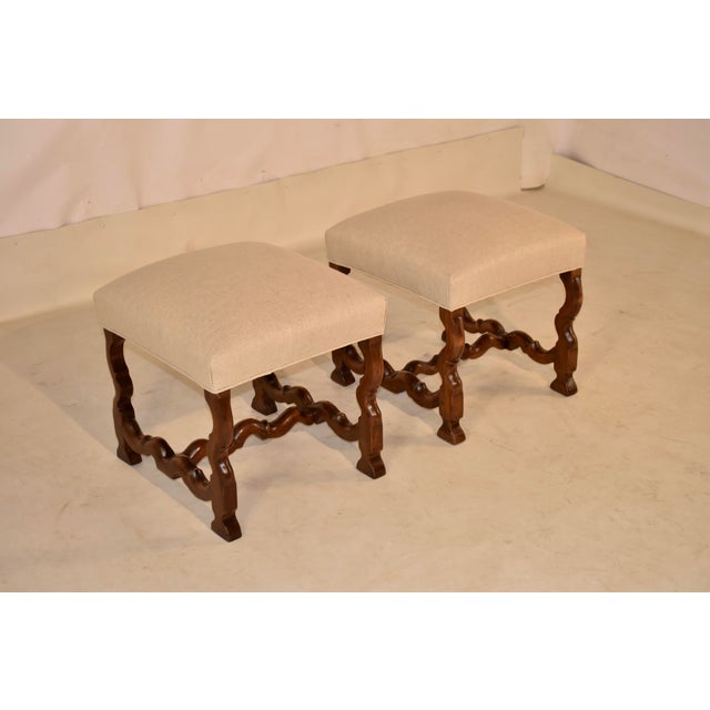 French Provincial 19th Century Pair of French Walnut Upholstered Stools With Mouton Legs For Sale - Image 3 of 9