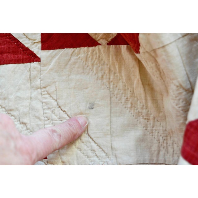 Early 20th C Red and White Pinwheel Style Pattern Hand-Stitched Cotton Quilt For Sale - Image 12 of 16