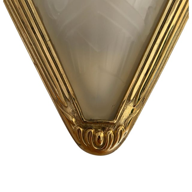 French Art Deco Brass & Frosted Glass Shield Shaped Wall Sconces - A Pair For Sale In Chicago - Image 6 of 9