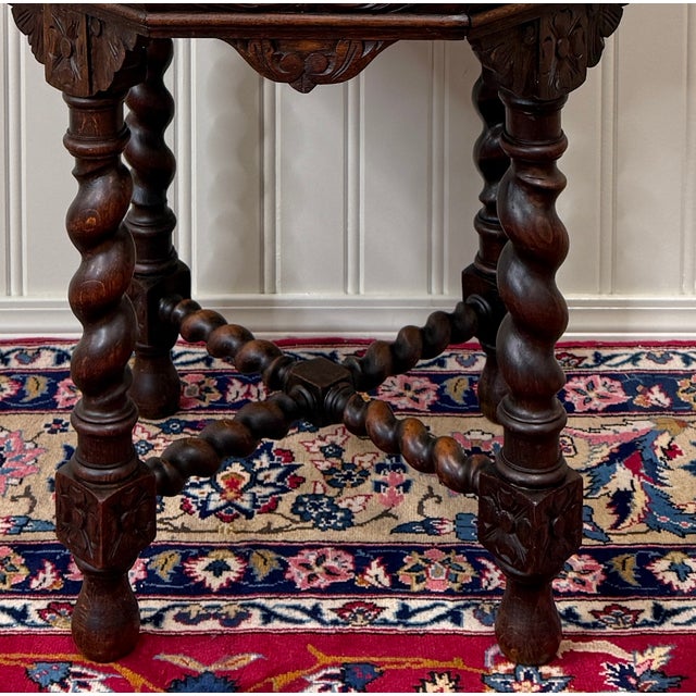 Antique French Octagonal Table Renaissance Revival Carved Barley Twist Oak 19thC For Sale - Image 13 of 16