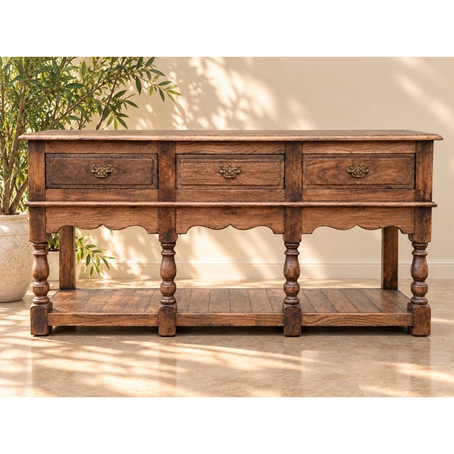 Brown Large English Oak Console Table with Three Drawers, 1880s For Sale - Image 8 of 8