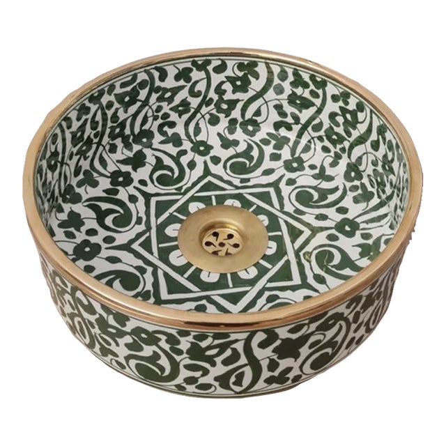 Contemporary 14 Karat Gold Green Flower Washbasin with Brass Drain For Sale
