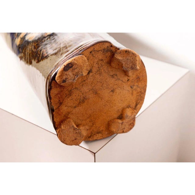 Late 20th Century Tall Glazed Pottery Decorative Floral Floor Double Handle Multicolor Vase For Sale - Image 9 of 9