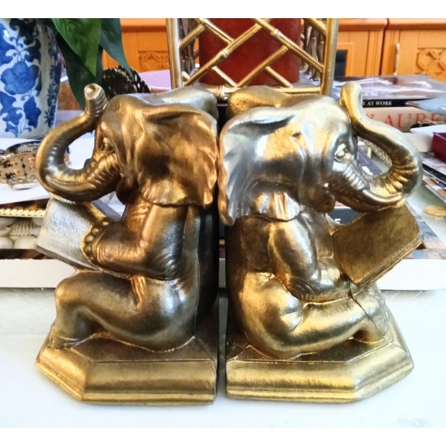 1990s Vintage Elephant Reading a Book Metal Gold Bookends- a Pair For Sale - Image 5 of 8