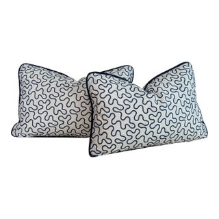 Schumacher Meander Blue Embroidered Lumbar Pillows - Set of 2 For Sale