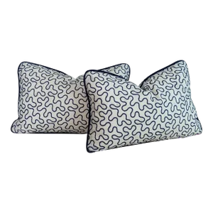 Schumacher Meander Blue Embroidered Lumbar Pillows - Set of 2