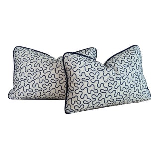 Schumacher Meander Blue Embroidered Pillow Covers - Set of 2 For Sale