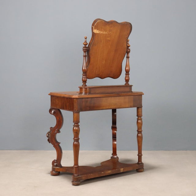 Antique Vanity Table in Walnut with Mirror, Italy, 19th Century For Sale - Image 9 of 10