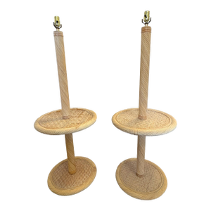 Vintage Coastal Wicker & Split Reed Floor Lamp Tables, Made in Hong Kong- A Pair