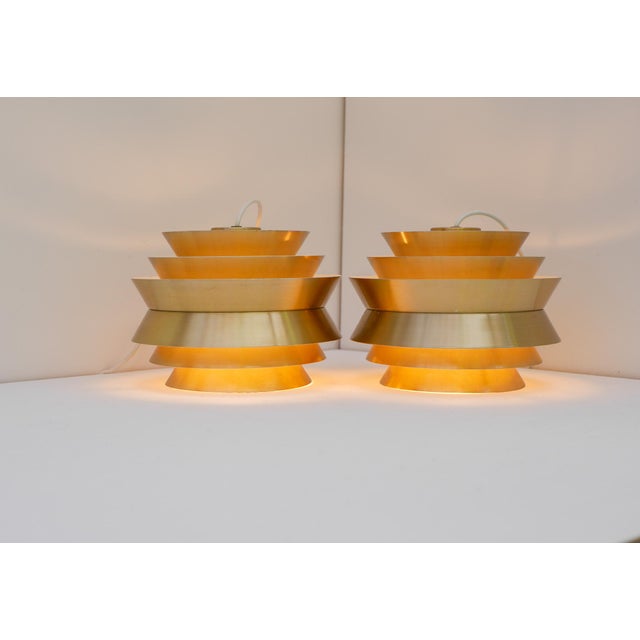 Metal Brass Colored Metal Pendant Trava Lamps by Carl Thore, Sweden from Granhaga Metallindustri, 1960s, Set of 2 For Sale - Image 7 of 14