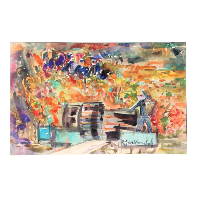 Watercolor by P. Gaillardot, Harvest at French Winery For Sale